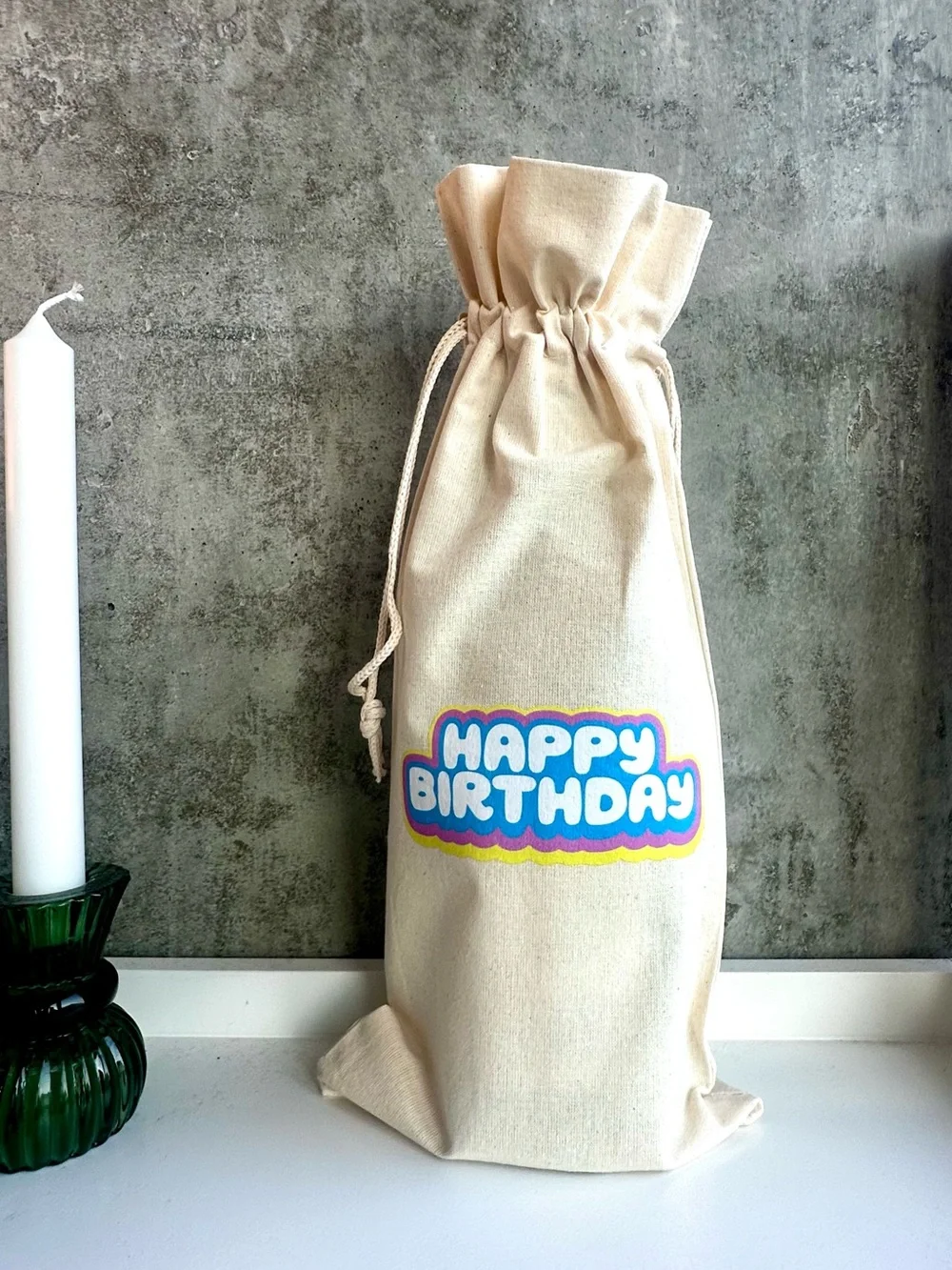 Happy Birthday Cream Drawstring Gift Bag - Party Supplies